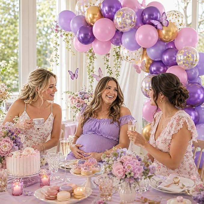 Pink and Purple Balloons, 60PCS Pastel Purple and Pink Balloons, 12 Inch Metallic Gold Confetti Latex Balloon for Women Girls Baby Shower Bridal Shower Birthday Butterfly Party Decor