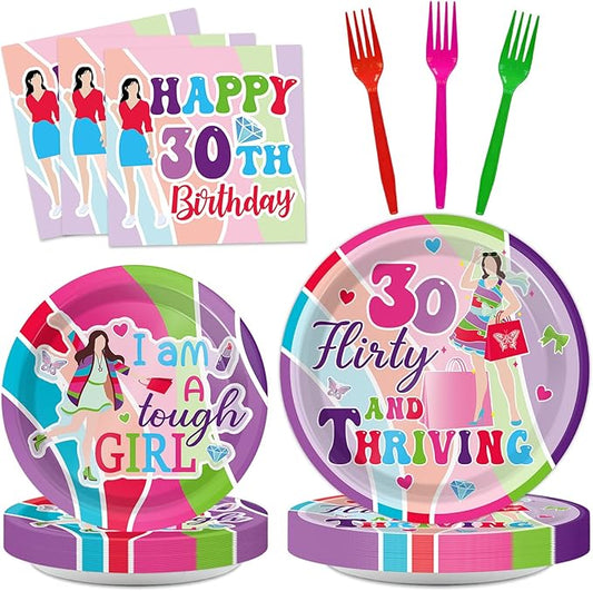 96Pcs Thirty Flirty and Thriving Party Supplies 30 Flirty and Thriving Paper Plates Napkin 30th Birthday Decoration for Her Women Talk 30 to Me 30th Birthday Dinnerware Party Favor Tableware Serves 24