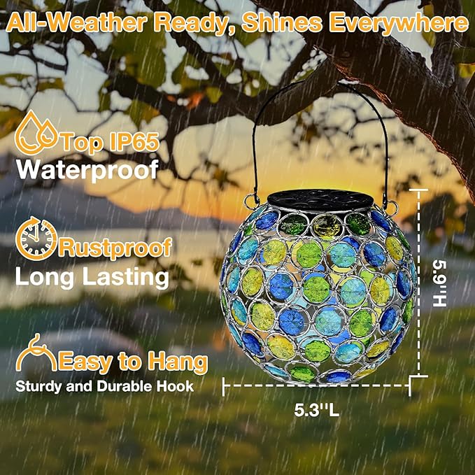 Uspring 2 Pack Crystal Mosaic Solar Lanterns Outdoor Waterproof Decorative Hanging Solar Lights for Outside, Gifts for Women Mom Grandma Garden Decor for Patio Backyard Porch Pathway Walkway, Blue
