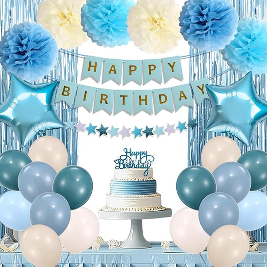 Blue Birthday Decorations for Women, Happy Birthday Party Decorations, Happy Birthday Banner, Baby Blue Balloons, Foil Fringe Curtains, Tissue Paper Pompoms, Star Garland, Party Decor for Girls