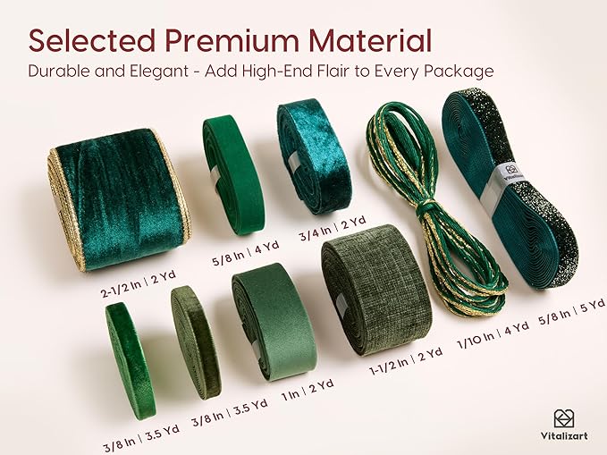 Vitalizart Green Velvet Ribbon 9 Rolls with Gift Tags Luxury Textured Ribbon for Christmas Gift Wrapping Tree Ornaments Bows Wreaths Holiday Decorations