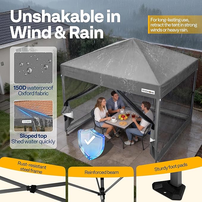 VIVOHOME 10x10ft Easy Pop-Up Canopy, Outdoor Screen Tent with Mosquito Netting, 2 Zipper Doors, and Roller Bag for Yard Camping Picnic Party Events, Grey