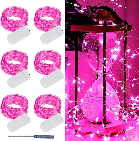 6 Pack Pink Led Fairy Lights Battery Operated, Valentines String Lights Waterproof Silver Wire 7 Feet 20 Led Firefly Starry Moon Lights for DIY Wedding Galentine's Day Valentine's Day Party Bedroom
