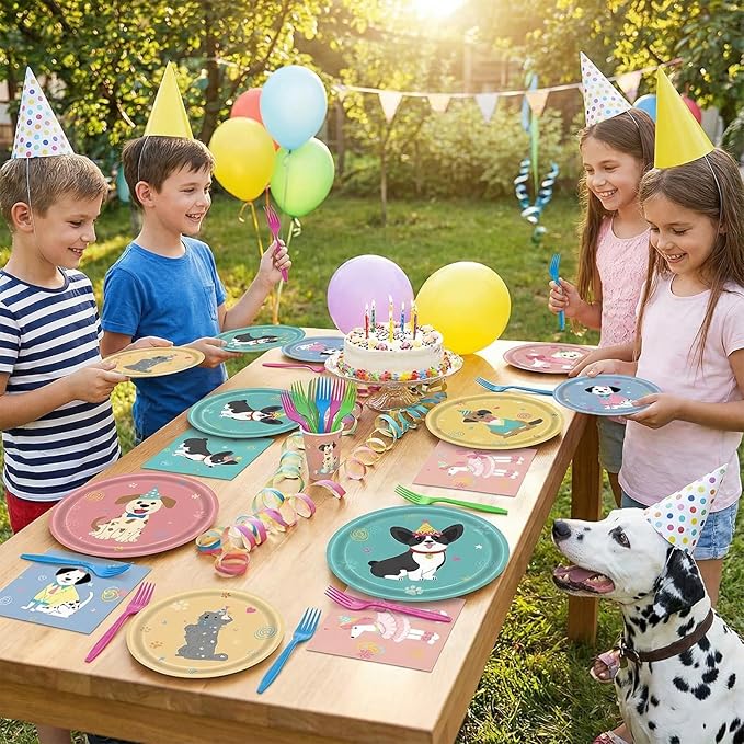 96Pcs Pet Dog Birthday Decorations, Retro Dog Birthday Party Supplies Puppy Themed Party Plates Napkins and Fork Disposable Dinnerware Set for Doggy Kids Birthday Baby Shower Table Decor, Serve 24