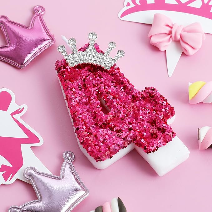 AKURIEEY Hot Pink Birthday Candles Crown Number 4 Candle Birthday Party Decorations Cake Topper Cupcake Decor for Anniversary Celebrations Supplies