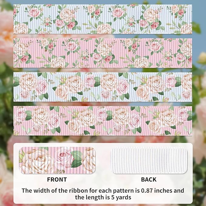 Floral Grosgrain Ribbon, 4 Pack (7/8" x 5 Yards Each), Vintage Rose Flower Printed Ribbons for DIY Hair Bows, Wedding Decorations, Gift Wrapping, Crafts, Party Supplies