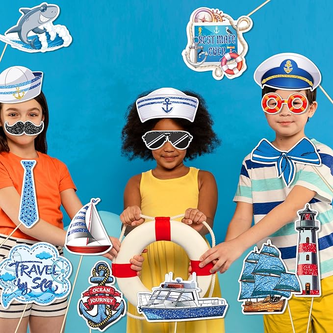 25Pcs Nautical Photo Booth Props for Sailor Birthday Party Decorations, Cruise Anchor Sailboat Yacht Theme Selfie Props Photography Backdrop Decorations for Nautical Ahoy Boy Birthday Party Supplies