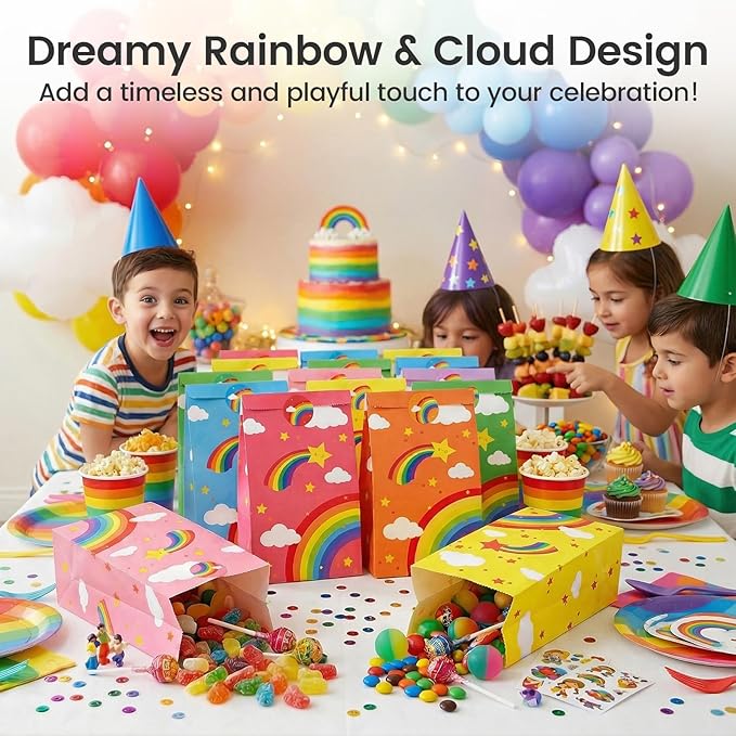 VGOODALL 24 Pack Rainbow Party Favor Bags with Stickers - 8.7"x4.7"x3.1" Colorful Cloud & Star Goodie Bags, 8 Rainbow Colors for Kids Birthday, Baby Shower & School Events