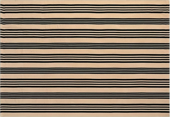 OJIA Outdoor Patio Rug 5'x7', Black and Tan Striped Outdoor Rugs Machine Washable Area Rugs Cotton Hand Woven Indoor Outdoor Rugs for Bedroom/Living Room/Front Porch/Deck/Backyard/Camping