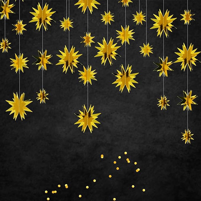 KatchOn, Gold Star Garland - 30 Feet, Pack of 3 | 3D Hanging Garland for Gold Graduation Decorations 2026, Golden Birthday Party Decorations | Star Decorations, Golden Party Decor, Engagement Decor