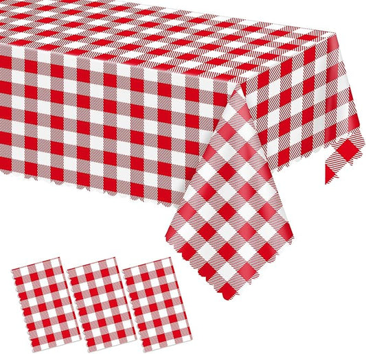 3 Pack Red and White Checkered Tablecloth, Plastic Red Gingham Table Cloth Waterproof Red Checkered Table Cover for Picnic, Banquets, Outdoor Parties 54 X 108Inch