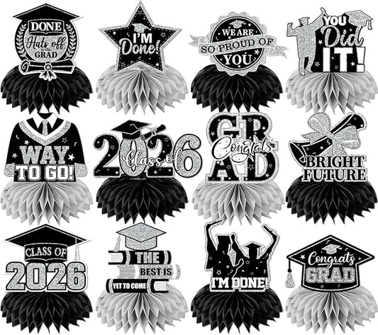 12pcs Graduation Table Decorations,Black Silver Graduation Decorations 2026 Graduation Centerpieces for Tables,Class of 2026 Centerpieces Honeycomb for Congrats Grad Table Decor(Black)