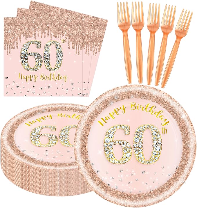60 PCS 60th Birthday Decorations for Women, 60th Birthday Plates and Napkins Rose Gold Disposable Tableware Set Party Supplies for Women Cheers to 60 Years Anniversary (60TH)