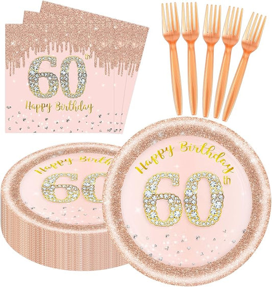 60 PCS 60th Birthday Decorations for Women, 60th Birthday Plates and Napkins Rose Gold Disposable Tableware Set Party Supplies for Women Cheers to 60 Years Anniversary (60TH)