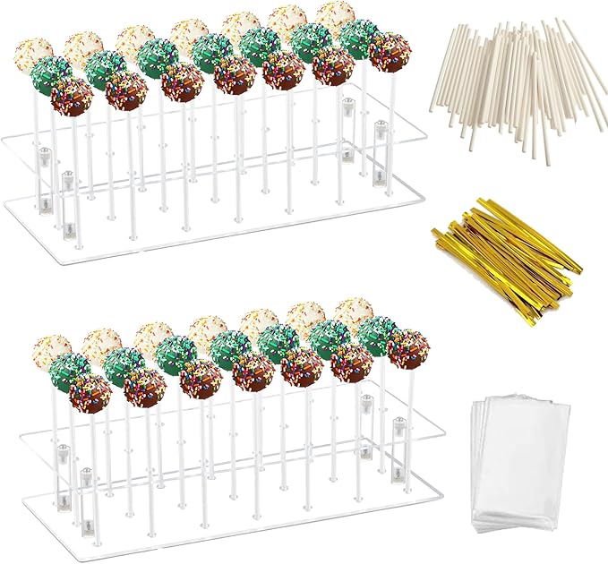 2 Pcs Cake Pop Stand, 21 Holes Cake Pop Holder with 300 Pcs Accessories, 2 Tier Clear Square Lollipop Holder for Birthday, Wedding, Party, Halloween, Candy Decorative