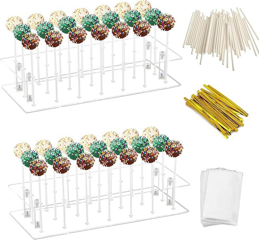 2 Pcs Cake Pop Stand, 21 Holes Cake Pop Holder with 300 Pcs Accessories, 2 Tier Clear Square Lollipop Holder for Birthday, Wedding, Party, Halloween, Candy Decorative