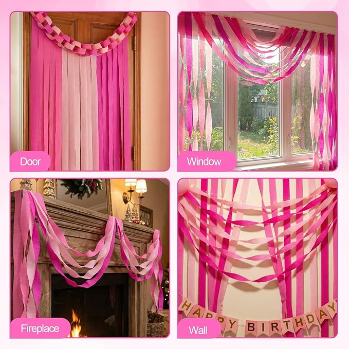 Pink Crepe Paper Streamers 9 Rolls 738ft, Pink Streamers Birthday Decorations for Wedding Mother's Day Baby Shower Holiday Party Decor, 1.77 Inch x 82 Ft/Roll
