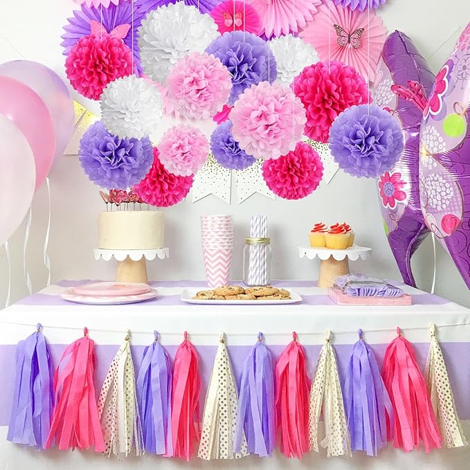 20 PCS Tissue Paper Pom Poms, Tissue Pom Poms Flowers, Sizes of 6", 10", 12", 14" Hanging Paper Flower Ball for Wedding, Birthday, Halloween, Christmas, Baby Shower Party Decor (Pink Purple White)