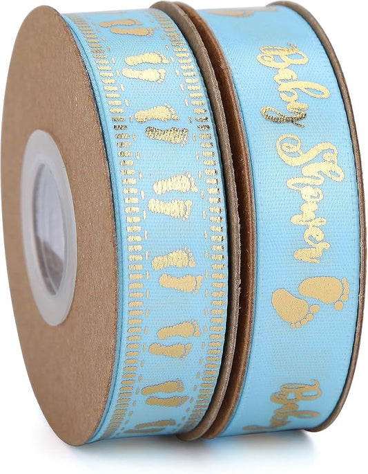 Meseey 20 Yards Baby Ribbon Foot Print Blue and Gold Ribbons for Crafts Cake Baby Shower Birthday,Gift Wrapping, Party Decoration (2 roll Blue)