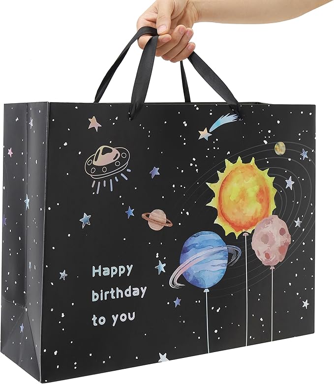 Qirrmiy 16.5” Extra Large Space Birthday Gift Bag Set with Handles, Greeting Card, Black Tissue Papers and Stickers for Boys Teens for Baby, Kids‘ Birthday Party, Newborn, 1 Pcs