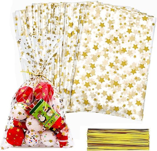 100 Pcs Cellophane Treat Bags,4 X 6 Inches Clear Cellophane Bags,100 Gold Twist Ties,for Cookies, Chocolate, Bakery, Party Favors, Gift Wrapping, Classroom Valentine Gifts
