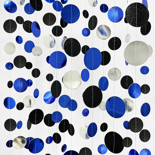 46Ft Navy Blue Black Silver Circle Dots Garland Royal Blue Black Polka Dots Streamer for Birthday Graduations Wedding Bridal Baby Shower Nautical Ahoy Achor Pirate Theme Party Decorations Supplies