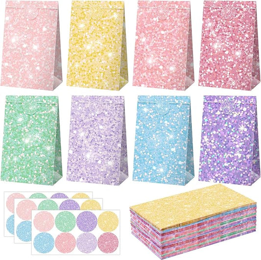 Kolldenn 24 Pcs Glitter Pastel Gift Bags Bulk Pastel Party Favors Small Goodie Treat Bags with Sealing Stickers for Wedding Baby Shower Birthday Holiday Party Favors Supplies