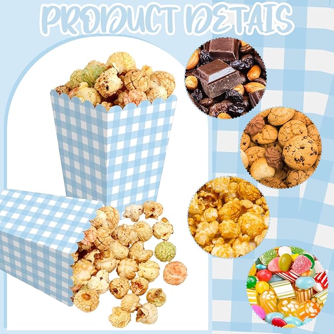 Gueevin 100 Pcs Blue Gingham Popcorn Boxes with Scalloped Mini Popcorn Boxes Small Gingham Blue Party Favor Bulk for Movie Night Decorations Bridal Baby Shower Party Supplies
