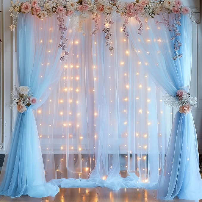 10x10ft Baby Blue Tulle Backdrop Curtain with Lights String for Parites, Sheer Photo Backdrop Curtain Drapes for Wedding Baby Shower Bridal Shower Birthday Party Photo Shoot Decorations