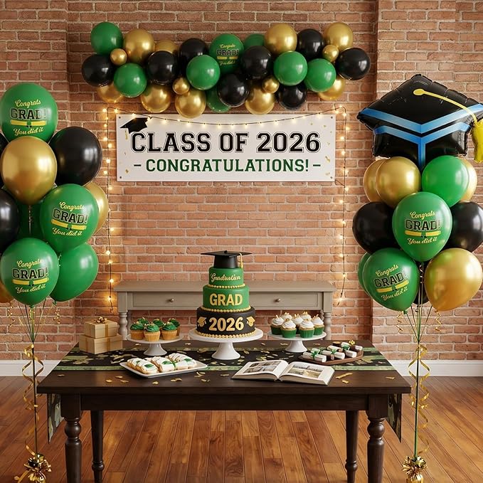 Green Black Graduation Balloons, Dark Green Gold Black Balloons with Cap Foil Grad Printed Balloon for Class of 2026 Graduation Decorations Celebration Party