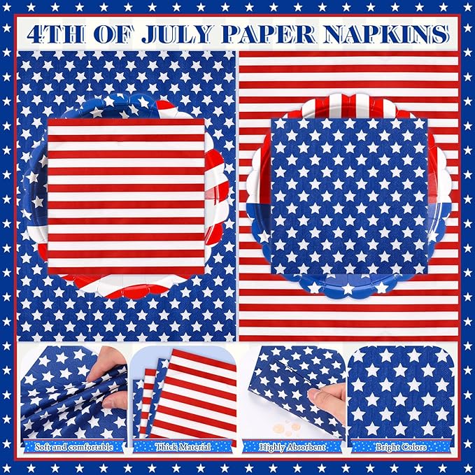 Funnymoom 96 Pcs Memorial Day Tableware Set for 48 Guests Include 48 Pcs 7 Inch Dessert Plates and 48 Napkins Patriotic American Star Flag Dinnerware for 250th Anniversary Independence Day Party