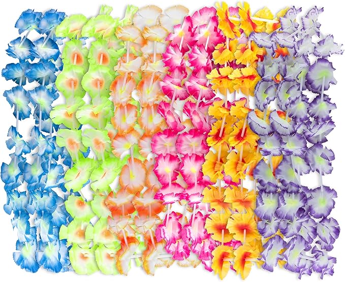 Super Z Outlet Giant Hawaiian Ruffled Simulated Colorful Luau Silk Flower Leis Jumbo Necklaces for Tropical Island Beach Theme Party Event, Birthday Supplies, Costume (12 Pack)
