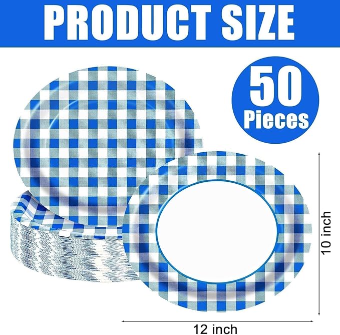 Blue Gingham Oval Paper Plates 10" x 12",Large Disposable Heavy Duty Paper Plates Blue and White Buffalo Checked Plaid for Birthday Wedding Bridal Baby Shower Tea Party Supplies,50 Guests