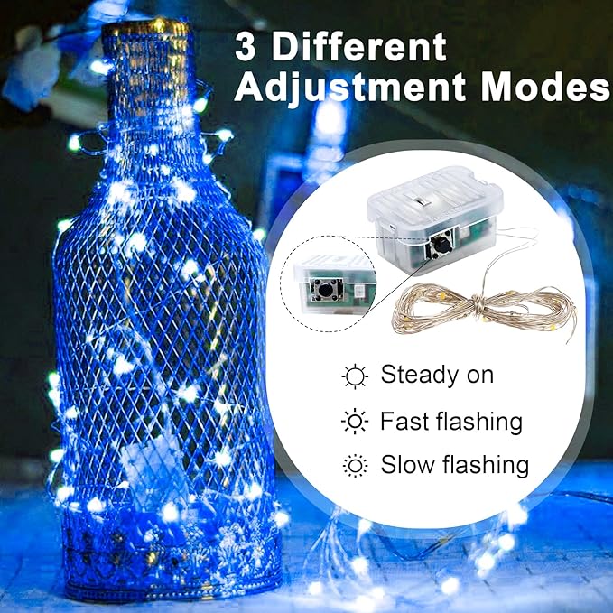 pozzolanas 12 Pack Blue Fairy Lights Battery Operated 3 Modes 7FT 20 LED Waterproof String Lights Twinkle Silver Wire for Mason Jars Wedding Christmas Halloween Part Decor (12, Blue)