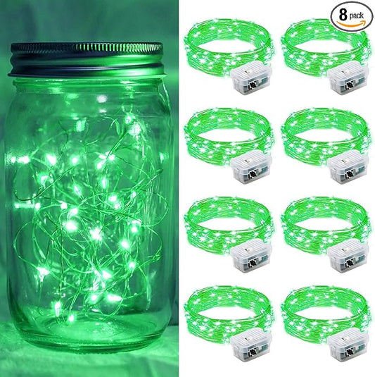 8 Pack Green Fairy Lights 7Ft 20 LED Twinkle String Lights 3 Modes Battery Operated Waterproof Firefly Starry for Mason Jar Table Centerpieces Halloween Christmas St. Patrick's Day
