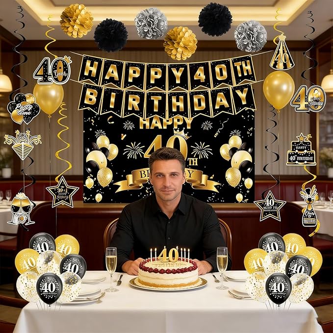 40th Birthday Decorations, Pre-Strung Happy Birthday Banner with Balloons, Backdrop, Honeycomb Centerpieces, Hanging Swirl Streamers, Black Gold Happy Birthday Party Decorations for Men Women