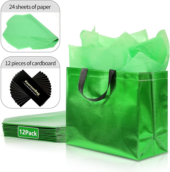 KeerxunBag 12Pcs Reusable Gift Bags（Includes Tissue Paper） Gift bag with handle Birthdays Parties Holidays Weddings Medium 13x5x11in Green Gift Bags
