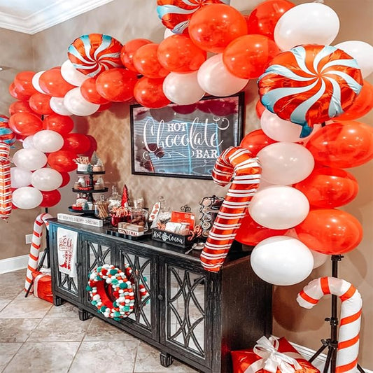 Leesoot Christmas Balloons Arch Decorations 138pcs Red White Balloons for Party Gift Star Candy Cane Balloons Indoor Outdoor Decor Christmas Balloon Garland Arch Kit