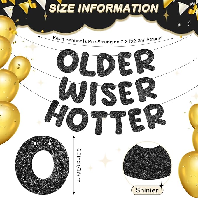 Fulmoon Set of 3 Pre Strung Older Wiser Hotter Glitter Banner Funny Birthday Banner for Women 30th 40th 50th 60th 70th 80th Birthday Party Decorations Sign Gift(Black)