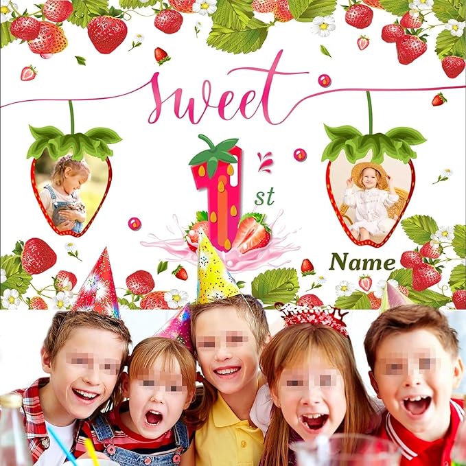 Dicodes Custom Strawberry Theme Birthday Banner - Personalized Fabric Banner for Birthday Decorations