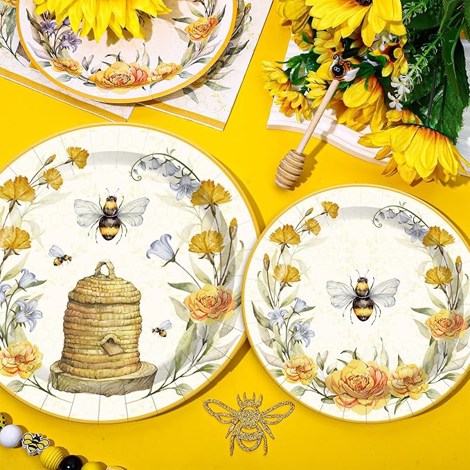 Whaline Bee Paper Plates and Napkins Set Summer Bee Flower Disposable Dinnerware for Wedding Birthday Baby Shower Holiday Tableware Party Supplies Table Decor, Serve 24