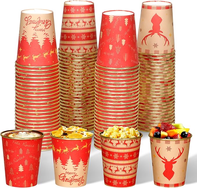 100 Pcs 8oz Christmas Paper Cups, Disposable Christmas Coffee Cups Red Reindeer Xmas Tree Design Paper Cups, Holiday Winter Drinking Cups for Hot Cold Beverages Party Supplies, 4 Styles