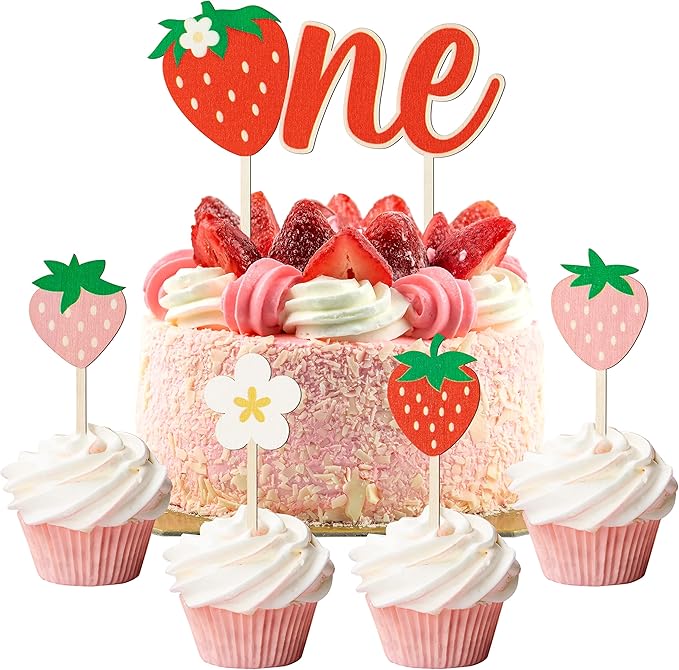 first Birthday Cupcake Topper - 5 Pcs Cute Daisy Strawberry Shortcake Wooden ONE Cake Topper Kids' One Year Old Berry first Happy Birthday Party Cake Dessert Decorations Supplies Baby Shower