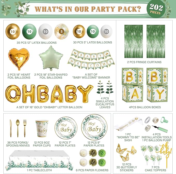 Sage Green Neutral Baby Shower All In One Set - 4 Balloon Boxes, 12 Tableware Sets with Disposable Plates, "OH BABY" Balloons, Tablecloth & Cake Toppers
