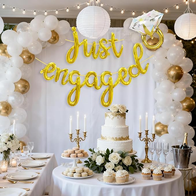 Just Engaged Gold Balloons Banner 18Inch Mylar Letter Balloons with Diamond Ring Balloon for Engagement Party Decorations Congratulations Engaged Bridal Shower Wedding Decor Proposal Decorations