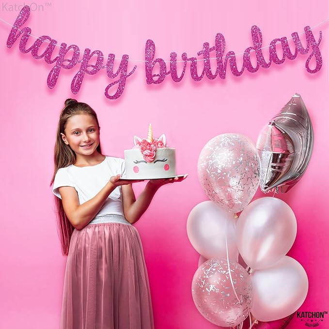 KatchOn, Glitter Pink Cursive Happy Birthday Banner - Pre-Strung, 10 Feet | Birthday Decorations for Women, Girls | Hbd Banner Backdrop For Pink Birthday Decorations, Happy Birthday Sign