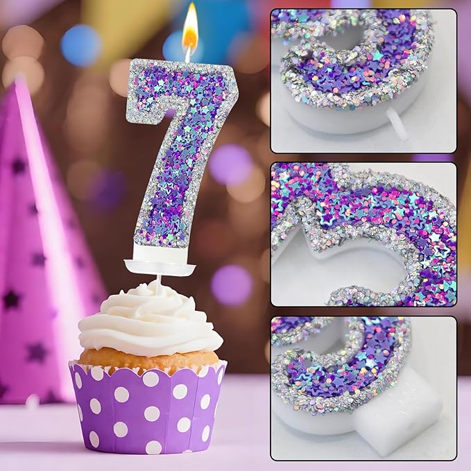 K-pop Number 7 Birthday Candle, Star Glitter Filled Number Candle, Purple Silver Fantasy Cake Topper for Birthday Party Decoration