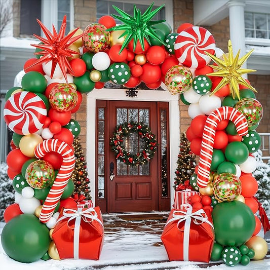 Christmas Balloons Garland Arch Kit, Red Green White Gold with Candy Cane Gift Box Explosion Star Foil Balloons for Christmas New Year Candies Xmas Theme Party Decorations...