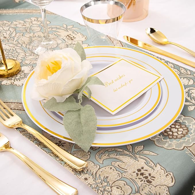 WELLIFE 210 Piece Gold Plastic Dinnerware Set, Include: 30 Dinner Plates, 30 Dessert Plates, 30 Pre Rolled Napkins with Silverware and 30 Cups