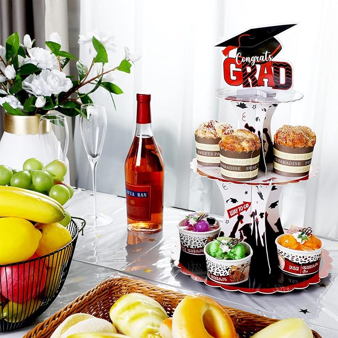 Nuenen 2 Pcs Graduation Cupcake Stand 3 Tier Black Graduation Cupcake Holder Class of 2026 Congrats Grad Cake Holder Dessert Tower for Grad Party Decorations Supplies Favors(Red)